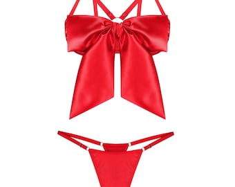 Lingerie set with bow, satin bra and skirt, boudoir outfit,honeymoon lingerie,bridal shower gift, handmade set,red lingerie, pink lingerie