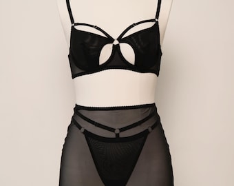Romantic Black Mesh Lingerie Set – Sheer Bra and High-Waist Skirt with Garters – Elegant Handmade Boudoir Outfit Transparent lingerie