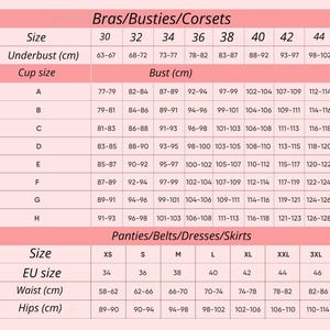 May include: A size chart for bras, bustiers, corsets, panties, belts, dresses, and skirts. The chart includes sizes, EU sizes, underbust, bust, waist, and hips measurements in centimeters.