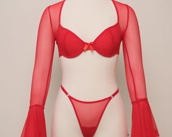 Red Mesh Bell-Sleeve Top & Ruffle Mini Skirt Set | Handmade Festival/Dance Outfit | Custom Size