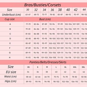 Puede incluir: Una tabla de tallas para sujetadores, bustiers, cors&eacute;s, bragas, cinturones, vestidos y faldas. La tabla incluye tallas, tallas de la UE, contorno bajo pecho, talla de copa, busto, cintura y caderas en cm.