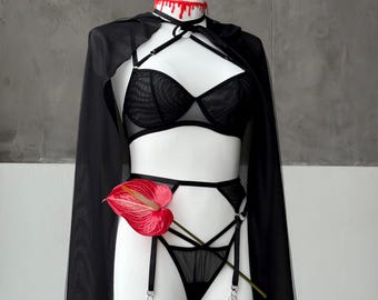 Evil Desire Lingerie Set – Black and Red Halloween Costume, Witch Outfit, Gothic Cape, Stockings, Cosplay Set for Women