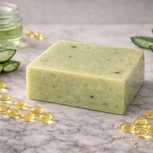 May include: A square, light green bar of soap with flecks, alongside aloe vera leaves, a jar of liquid, and yellow capsules. The soap is the focal point, suggesting a natural skincare product. The arrangement implies a focus on natural ingredients.