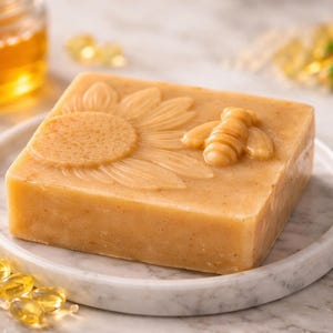 May include: A square, light brown bar of soap with a sunflower and bee design, resting on a white plate. The soap is surrounded by honey and decorative elements, suggesting a natural, honey-based product.