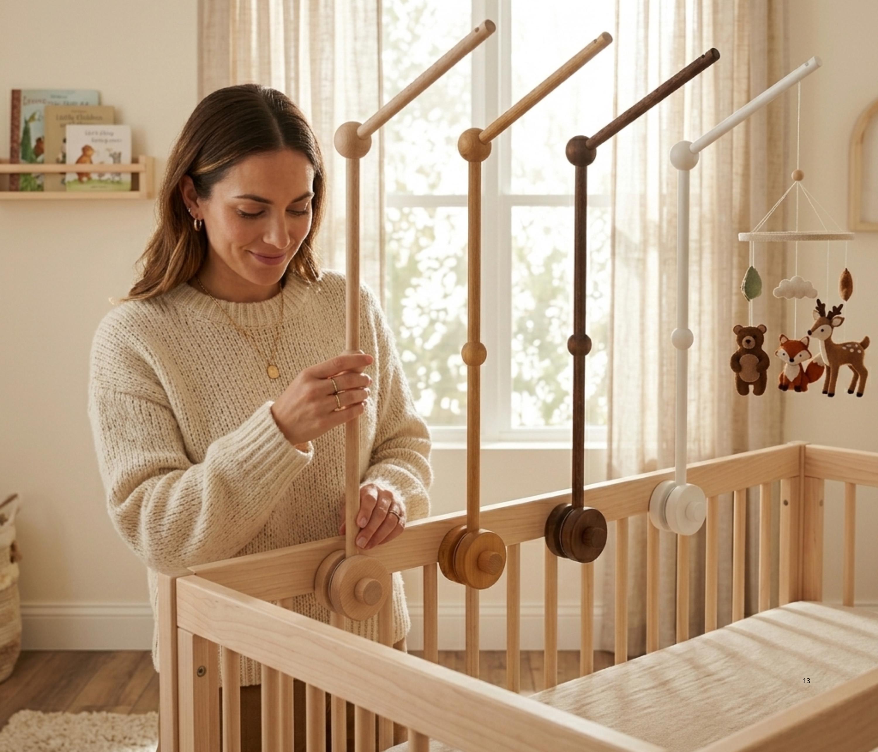 Floor Standing Crib Mobile Arm with Rotating Music Box and  Crib Mobile Arm Wooden Floorstanding - 61 Inches Mobile Arm & Green Leaf Crib Mo main image 2