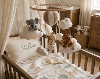 Neutral Baby Mobile, Safari Nursery Mobile, Elephant Giraffe Lion Crib Mobile, Hot Air Balloon Baby Mobile, Boho Nursery Decor, Baby Gift