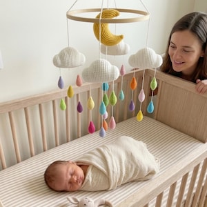 Rainbow Rain Cloud Baby Mobile, Moon Crib Mobile, Nursery Mobile Decor, Colorful Raindrop Mobile, Baby Crib Mobile, Baby Shower Gift