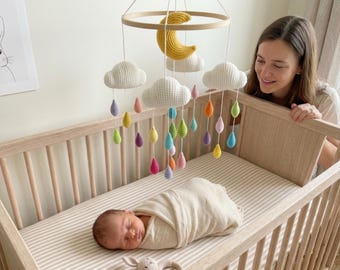 Móvil para cuna con diseño de nube de lluvia arcoíris, móvil lunar para cuna, decoración para guardería, móvil de gotas de lluvia coloridas, móvil para cuna de bebé, regalo para baby shower