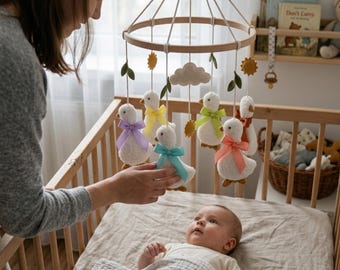 Gåsbabymobil, Anka-barnrumsmobil, handgjord filt-spjälsängsmobil, neutral babyrumsdekor, babyshowerpresent, babybarnrumsdekoration babymobil