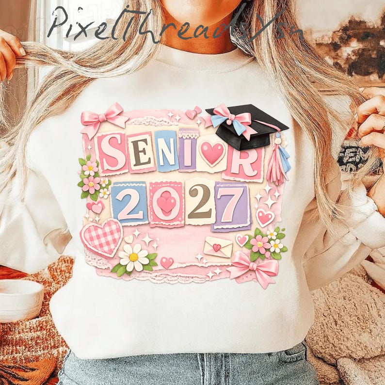 May include: A white sweatshirt featuring a graphic print with the text SENIOR 2027. The design includes a black graduation cap, pink and blue bows, hearts, flowers, and an envelope, all arranged in a collage style with pastel colors.