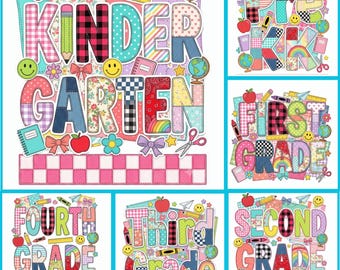 PNG-Bundle mit Patchwork-Motiven zum Schulanfang (nach Klassenstufen geordnet), Kindergarten, Vorschule, 1./2./3./4./5. Klasse (PNG), Erster Schultag (PNG)