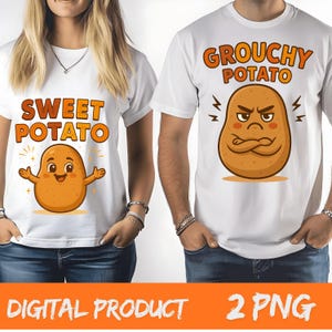 May include: Two white t-shirts with potato graphics. One shirt says "Sweet Potato" with a smiling potato illustration. The other says "Grouchy Potato" with an angry potato illustration. The text "Digital Product 2 PNG" is at the bottom.