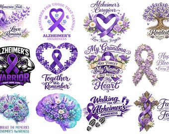 PNG-Bundle zum Thema Alzheimer | Designs mit lila Schleife | PNG für Pflegekräfte | PNG zum Thema Demenz, Gedächtnisverlust und Gehirngesundheit