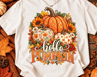 Hello Pumpkins PNG, Coquette Fall Shirt Design, Cute Autumn Pumpkin Sublimation, Thanksgiving Digital Download, Girly Fall Graphic