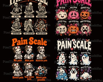 Pacchetto PNG di scala del dolore per infermiere di Halloween, 4 design spettrali per la valutazione medica del dolore, scheletro infermiera fantasma zucca sublimazione, 4 file PNG
