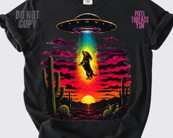 UFO-Entführung mit Dackel (PNG), Retro-Shirt-Design mit Wüstensonnenuntergang, Lustiger Alien-Dackel (digitaler Download)