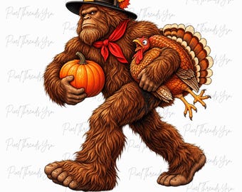 Sasquatch Pilgrim Turkey PNG, Funny Bigfoot Thanksgiving Shirt Design, Pumpkin Autumn Sublimation, Vintage Cryptid Holiday Digital Download