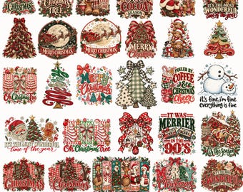 Pacchetto di 46 disegni PNG natalizi, disegni retrò per magliette natalizie, Natale civettuolo, sublimazione per vacanze accoglienti, Babbo Natale, cacao e mucca delle Highlands