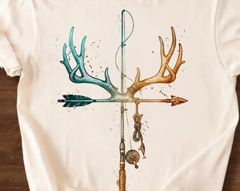 Geweih Angelrute Kreuz PNG, Gott Familie Jagen Angeln Design, Christliches Jäger Shirt, Naturbursche Geschenk Download