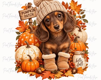 Cute Autumn Wiener Dog PNG, Thanksgiving Dachshund Shirt Design, Fall Sausage Dog Sublimation, Cute Pumpkin Dog Digital Download