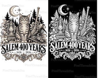 Salem 400 Years PNG, Massachusetts Witch Hat Cat Broom Halloween Design, Salem 400th Anniversary, Vintage Witchy Halloween Digital Download