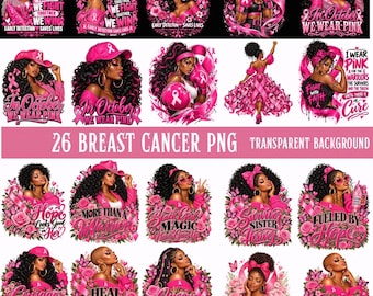 Pacchetto PNG per la sensibilizzazione sul cancro al seno delle donne nere, disegni di supporto con nastro rosa afroamericano, grafica per magliette da guerriera contro il cancro, digitale