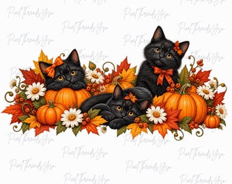 Black Cats and Pumpkins PNG, Fall Floral Cat Thanksgiving Shirt Design, Autumn Feline Sublimation, Cute Thanksgiving Cat Digital Download