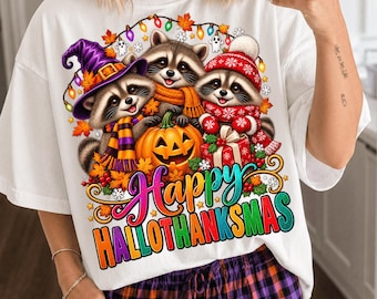 Cute Raccoon Hallothanksmas PNG, Halloween Thanksgiving Christmas Shirt Design, Funny Holiday Season Sublimation, Autumn Digital Download