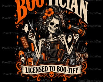 Boo-Tician Halloween PNG, design per maglietta da parrucchiere scheletro, grafica divertente per parrucchiere di Halloween, download digitale spettrale per cosmetologo