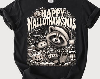Happy Hallothanksmas PNG, Raccoon Opossum Skunk Holiday Shirt Design, Funny Halloween Thanksgiving Christmas Sublimation