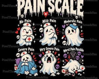 Scala del dolore, fantasmi spettrali PNG, design per maglietta di valutazione del dolore per infermiera di Halloween, sublimazione medica divertente per Halloween, infermiera fantasma carina PNG