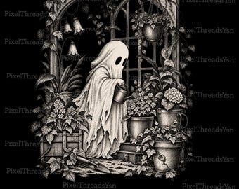 PNG di un giardino fantasma illuminato dalla luna, arte botanica spettrale per Halloween, design gotico cottagecore con fantasmi, sublimazione vintage da giardino stregonesco