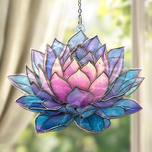 Lotus Flower Acrylic Suncatcher, Stained Glass Style Pink Purple Blue Window Hanging Ornament, Spiritual Yoga Meditation Home Decor Gift