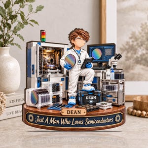 May include: A figurine of a technician in a white cleanroom suit holding a silicon wafer, standing next to semiconductor manufacturing equipment, a computer monitor, and a microscope. The base features the text DEAN and Just A Man Who Loves Semiconductors.
