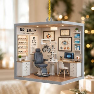 May include: A square hanging ornament depicting a miniature optometrist office labeled DR. EMILY OPTOMETRIST. The scene includes a gray exam chair, a phoropter, an eye chart, wall posters of the human eye, a desk with a computer, and shelves of glasses.