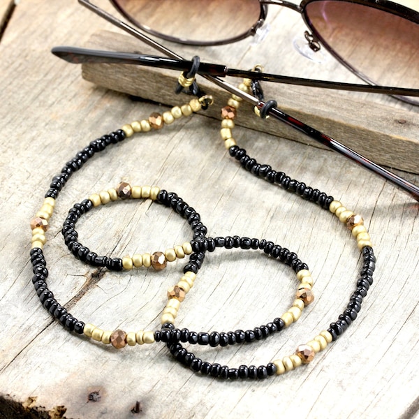 Black Gold Beaded Sunglasses Chain, Tortoise Eyeglass Holder,  Boho Glasses Chains, Sunglass Strap, Eyeglasses Holder Necklace, Mae in USA