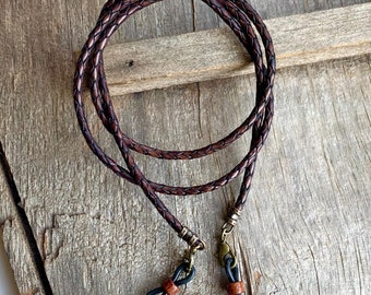 Braided Leather Eyeglass Chain: Rustic Antique Brown Sunglasses Holder
