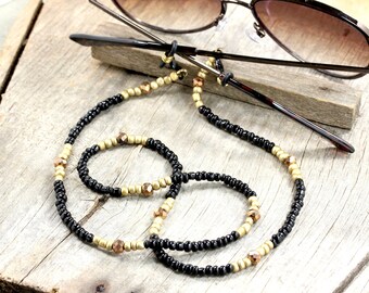 Black Gold Beaded Sunglasses Chain, Tortoise Eyeglass Holder,  Boho Glasses Chains, Sunglass Strap, Eyeglasses Holder Necklace, Mae in USA