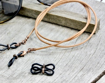 Rustic Tan Leather Eyeglass Chain: Antique Copper Glasses Holder