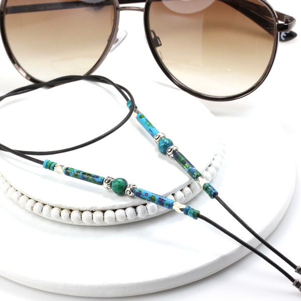 Turquoise Silver and Leather Eyeglass Chain, Black Leather Sunglasses Holder, Boho Glasses Chain, Southwest Sunglass Chain, Made in USA