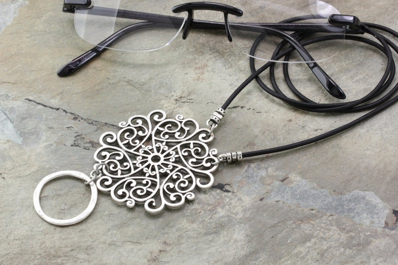 Leather Silver Filigree Eyeglass Loop Necklace Leather Etsy