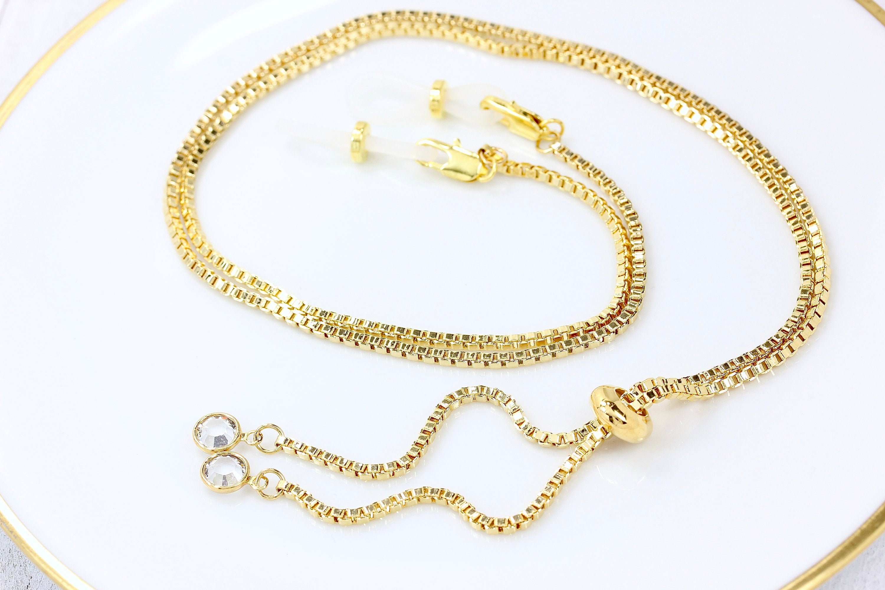 Upscale Gold Swarovski Eyeglass Chain, Adjustable Gold Sunglasses Chain, High Quality Gold Crystal Glasses Chain, maetri eyewear, GEC-200