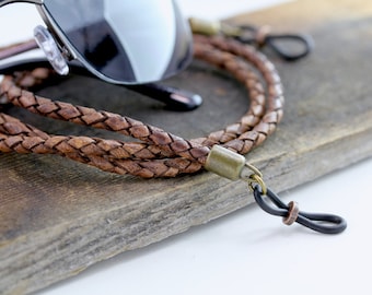 Rustic Braided Leather Eyeglass Chain: Chestnut Brown Sunglasses Holder