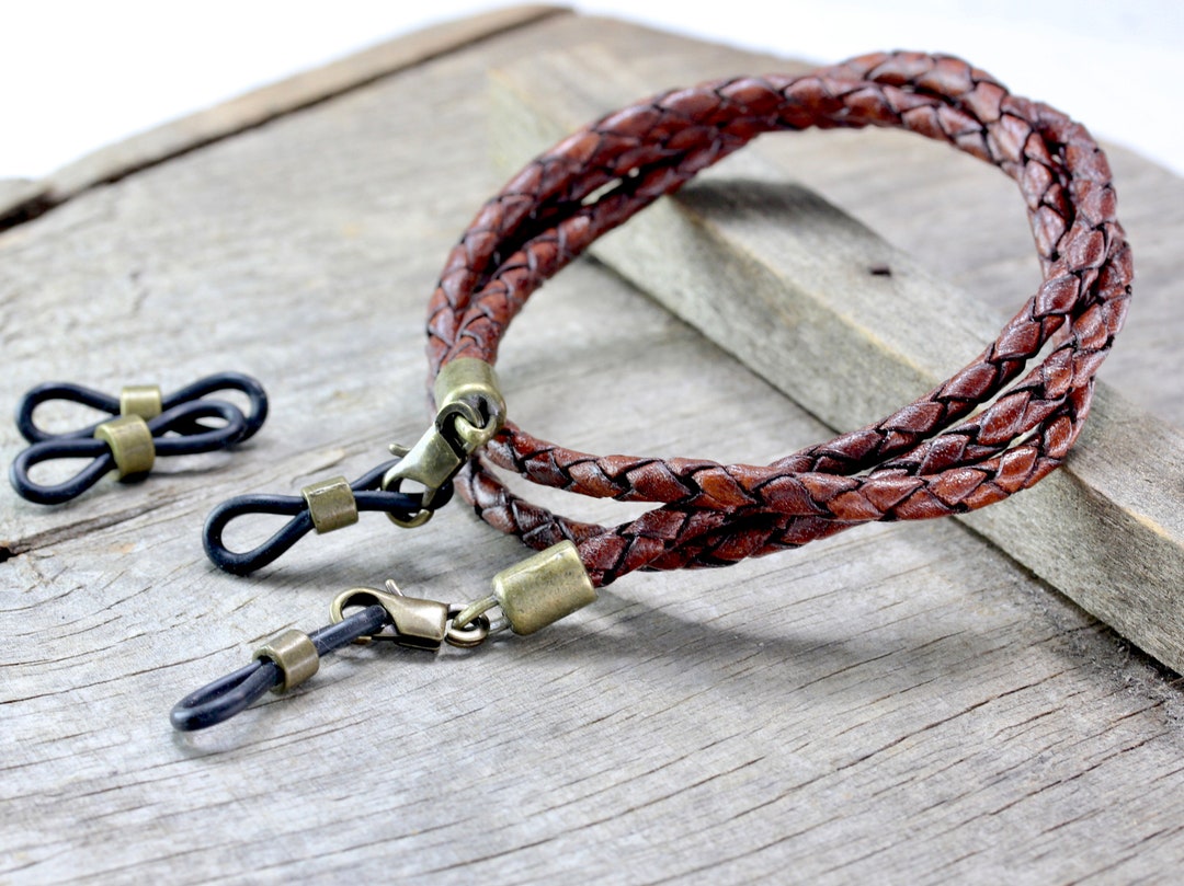 Auburn Braided Leather Eyeglass Chain for Men, Rustic Bolo Leather