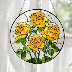 Gele roos glas-in-lood suncatcher: bloemen raam hangend, kleurrijke bloemen glaskunst, cadeau voor moeder