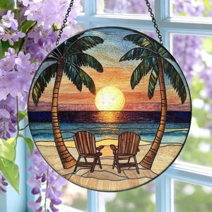 Strand Palmen Glasmalerei Suncatcher: Jagen Sonnenuntergänge Zusammen Fensterbehang, Kreuzfahrt Dekor