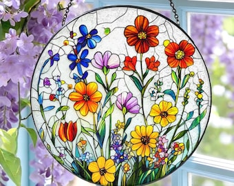 Wildflower Stained Glass Suncatcher: Flower Window Hanging, Colorful Floral Glass Art, Gift for Mom