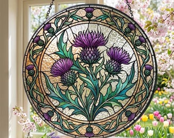 Lila skotsk tistel solfångare i målat glas: Tistlar blomma fönsterdekoration, färgglad blommig glaskonst