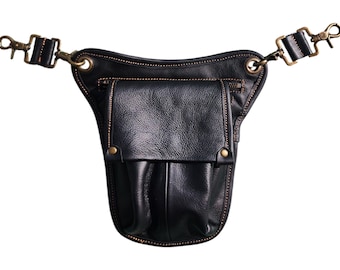 Riñonera de cuero negro hecha a mano: riñonera vintage para festivales o bandolera multiusos.