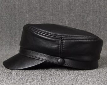 Handmade Sheepskin Leather Newsboy Cap: Vintage Wide Brim Flat Top
